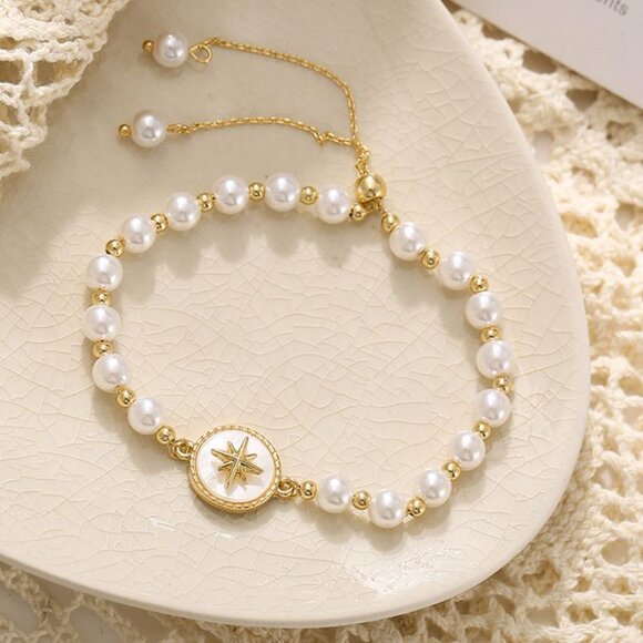 Chic Faux Pearl & Gold Tone Adjustable Pull Beaded Bracelet Star Talisman Rose - Picture 1 of 7